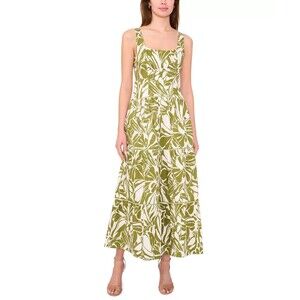 CeCe Women's Cotton-Blend Printed Sleeveless Maxi Dress Sage White Size M